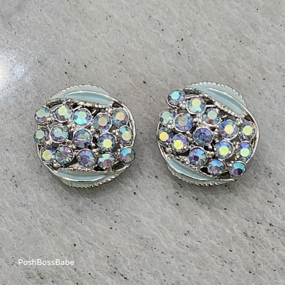 Vintage Aurora Borealis Rhinestone Clip-On Earrings | Silver Tone & Enamel - Picture 1 of 9